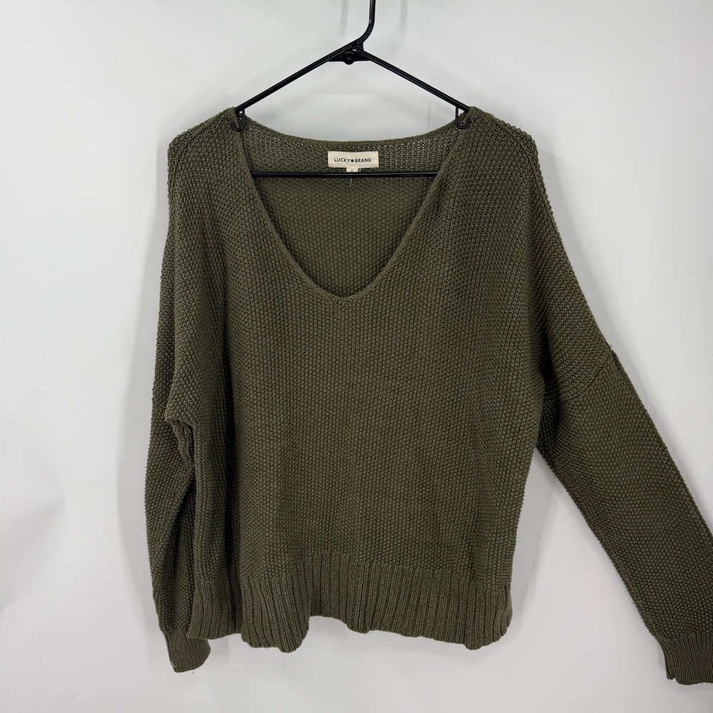 Lucky Brand cotton blend textured waffle knit olive green V-neck sweater, L